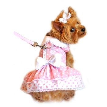 Doggie Design Pink Polka Dot And Lace Dog Harness Dress Set Xs