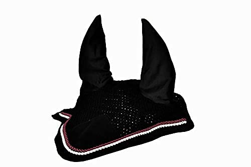 Horse Fly Bonnet Double Piping Ear Net Fly Veil Mask Breathable Cotton Crochet Horse Tack (Pony, Black 4)