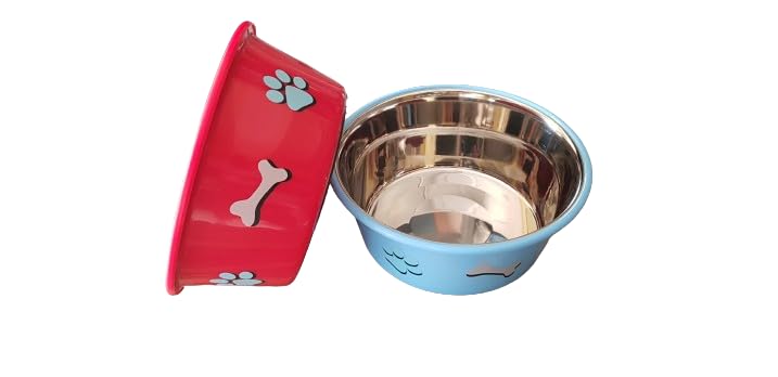 Set Of 2 Elton Paw & Bone Cutie Bowls (Blue & Red) Export Quality Inside Stainless Steel Outside Colorful Plastic Dog Feeding Bo