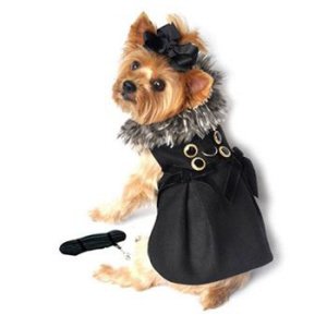 Doggie Design Black Wool And Silver Fur Collar Harness Coat Xs