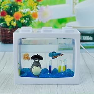 Mini Aquarium Box, Small Betta Fish Multifunctional Usb Rechargeable Fish Tank With Led Light Lamp Reptile Feeding Box Building Block Fish Bowl Home Decor Led Light Feeding Box(Black)