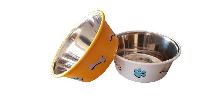 Set Of 2 Elton Paw & Bone Cutie Bowls (Yellow & White) Export Quality Inside Stainless Steel Outside Colorful Plastic Dog Feedin