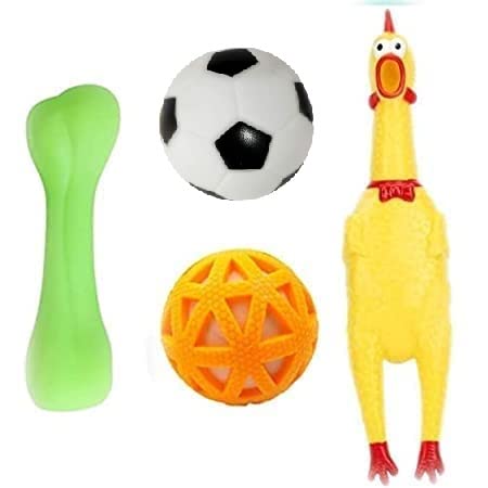 Woofy Puppy Squeaky Toys Combo of 4  Chicken Toy Large I Ball in Ball I Plain Bone I Vinyl Baseball Squeaky Toys