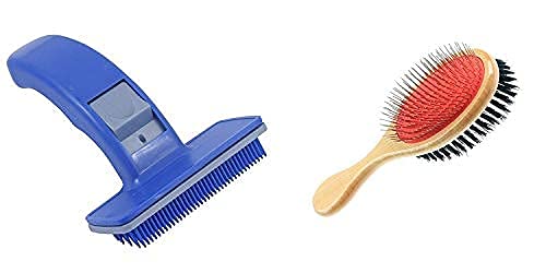 Pet Believe Dog Imported Dog Grooming Kit  Double Sided Wooden Dog Pin Brush + Dog Plastic Slicker Brush with Press Key (Combo 