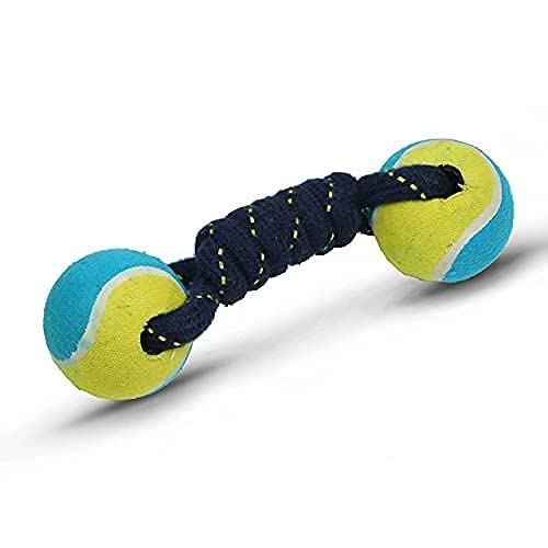 RvPaws Double Tennis Ball Dumbbell Cotton Rope Chew Puppy Toy for Dogs (Color May Vary)