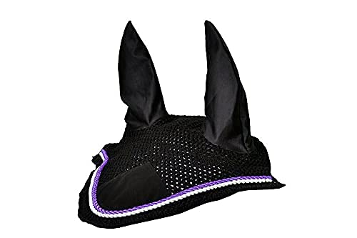 Horse Fly Bonnet Double Piping Ear Net Fly Veil Mask Breathable Cotton Crochet Horse Tack (Full, Black 2)