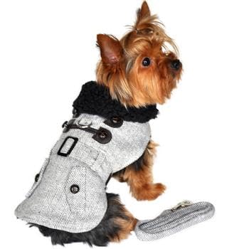 Doggie Design Grey Herringbone Dog Harness Coat (Wool/Polyester) With Matching Leash (Xl)