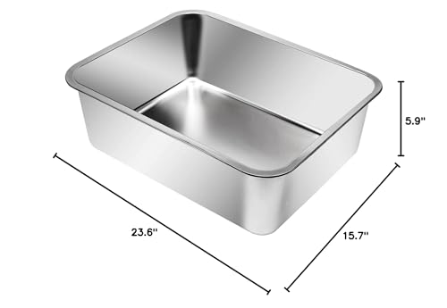 Kichwit Extra Large Stainless Steel Open Cat Litter Box With High Sides, Metal Litter Pan For Cat, 23.6 X 15.7 X 5.9 Inches