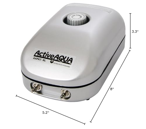 Hydrofarm Aapa7.8L Active Aqua, 2 Outlets, 3W, 7.8 L/Min Air Pump, Silver