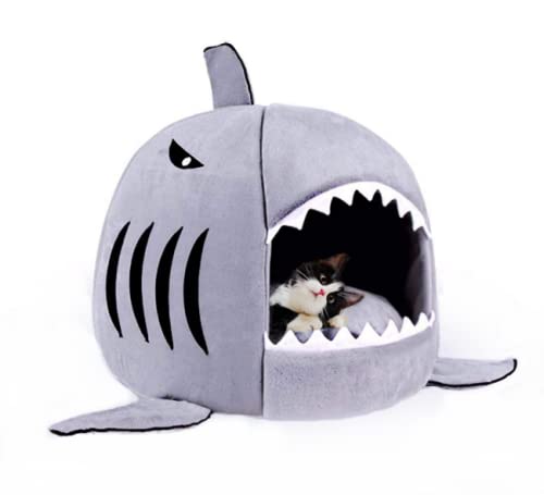 Shark-Shaped House Pet Bed With One Cushion And Warm Kennels For Small Cat And Dog, Cave Comfort And Removable Pet Bed(Light Gre