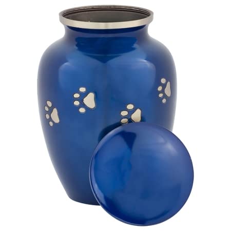 Blue With Silver Paw Prints Large Pet Cremation Urn For Ashes, Brass, Blue Pet Urn, Dog Urn, Cat Urn, Large Sized Pet Urn, 7 Inc