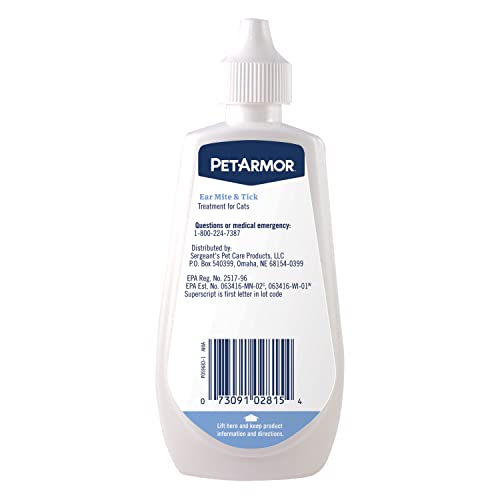 PetArmor Ear Mite Treatment for Cats, 3oz Ear Mite Drops with Aloe, Kills Ticks and Ear Mites, Relieves Itchiness