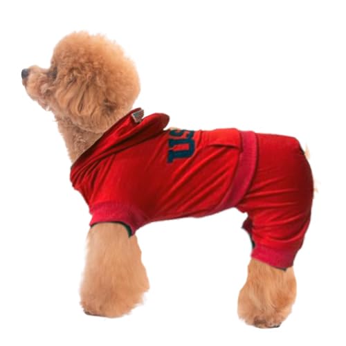 Dog Hoodie Jumpsuit, Athletic Style Pet Apparel, Grey With Red Logo, Casual Sports Outfit For Small Dogs ?Thin Material? (Red, X