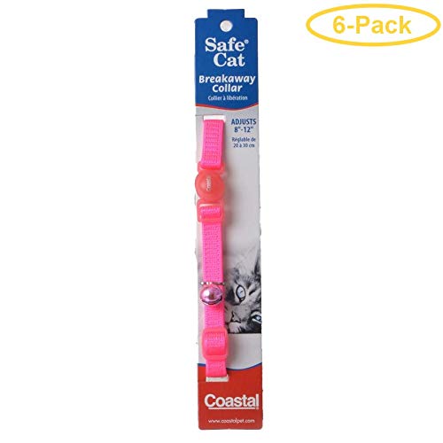 Coastal Pet Safe Cat Nylon Adjustable Breakaway Collar - Neon Pink 8-12 Neck - Pack Of 6