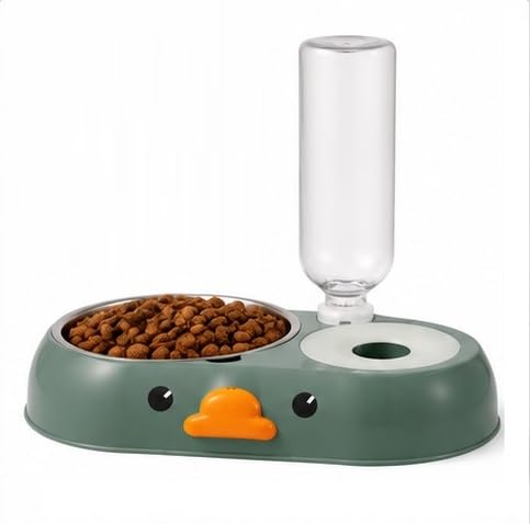 Conziv Automatic Pet Waterer And Food Bowl Set, Yellow Duck Pattern 2In1 Gravity Water Dispenser With Removable Stainless Stee