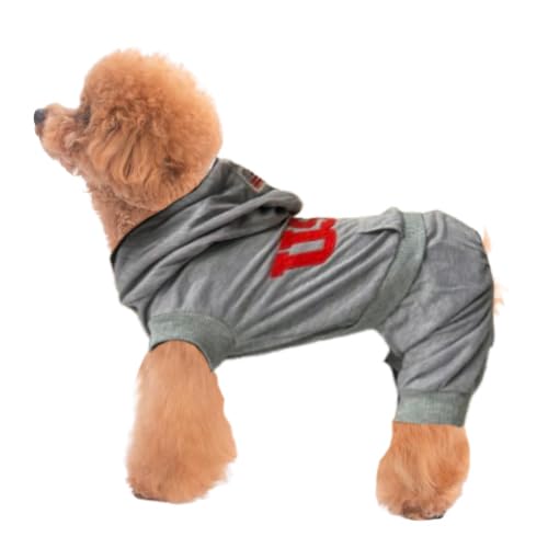 Dog Hoodie Jumpsuit, Athletic Style Pet Apparel, Grey With Red Logo, Casual Sports Outfit For Small Dogs ?Thin Material? (Glay, 
