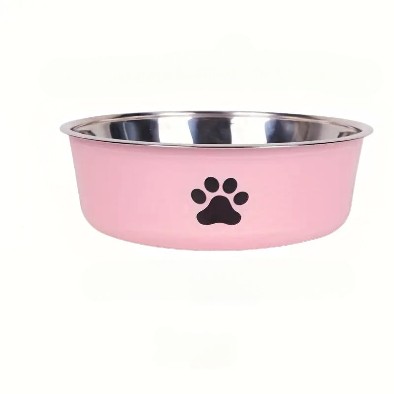 Pet Fun NonSlip Pink Stainless Steel Pet Bowl With Paw Print Design For Dogs And Cats  Durable, AntiSkid Food And Water Dish