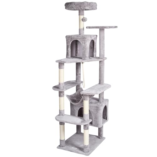 VEVOR Cat Tree 72 Cat Tower with 2 Cat Condos Sisal Scratching Post Light Grey