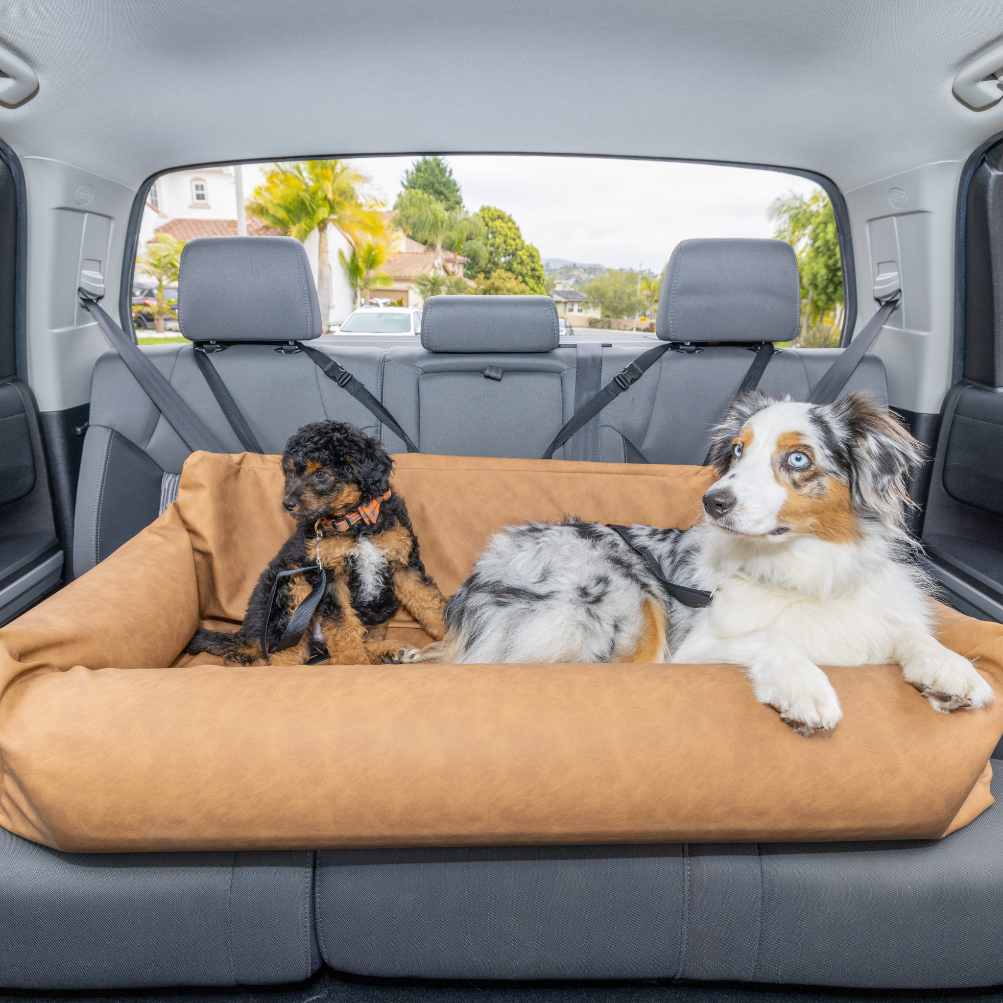 PupProtector™ Faux Cool-to-Touch Vegan Leather Memory Foam Dog Car Bed - Camel