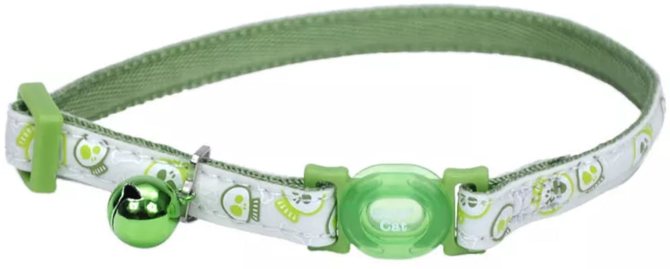Coastal Pet - Safe Cat Glow In The Dark Adjustable Breakaway Collar - Glowing Lime Green Skulls Print - 3/8” X 8'-12”