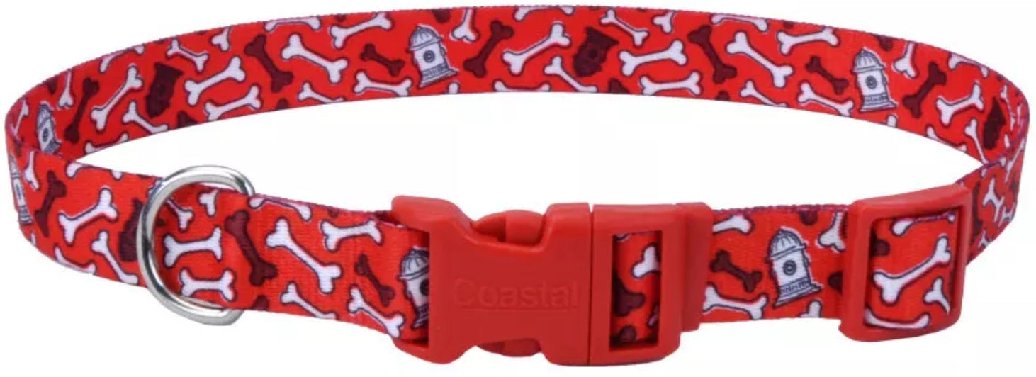 Coastal Pet Styles Adjustable Dog Collar - Stylish Patterned Fabrics - Snap-Lock Buckle - Adjustable Dog Collar - For Small, Medium Or Large Dogs - Red Bones - 3/8' X 08'-12'
