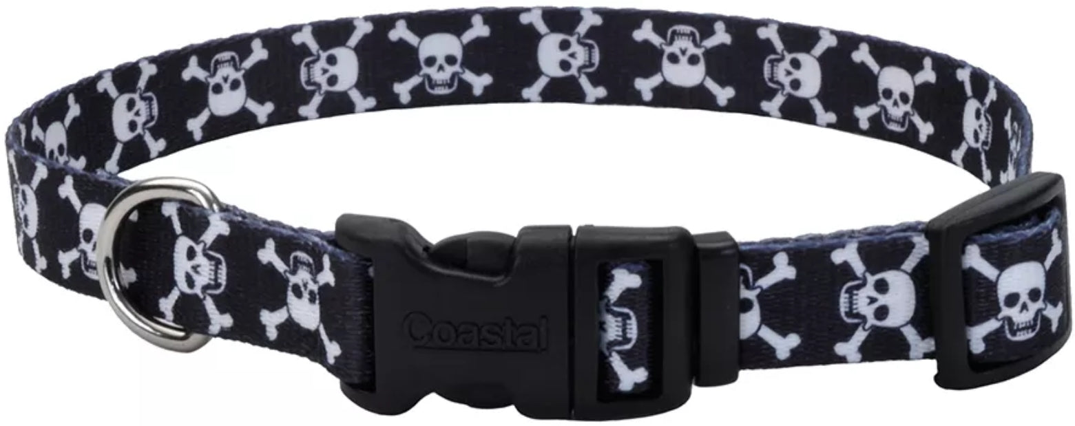 Coastal Pet Styles Adjustable Dog Collar - Stylish Patterned Fabrics - Snap-Lock Buckle - Adjustable Dog Collar - For Small, Medium Or Large Dogs - Black Skulls - 3/4' X 14-20'