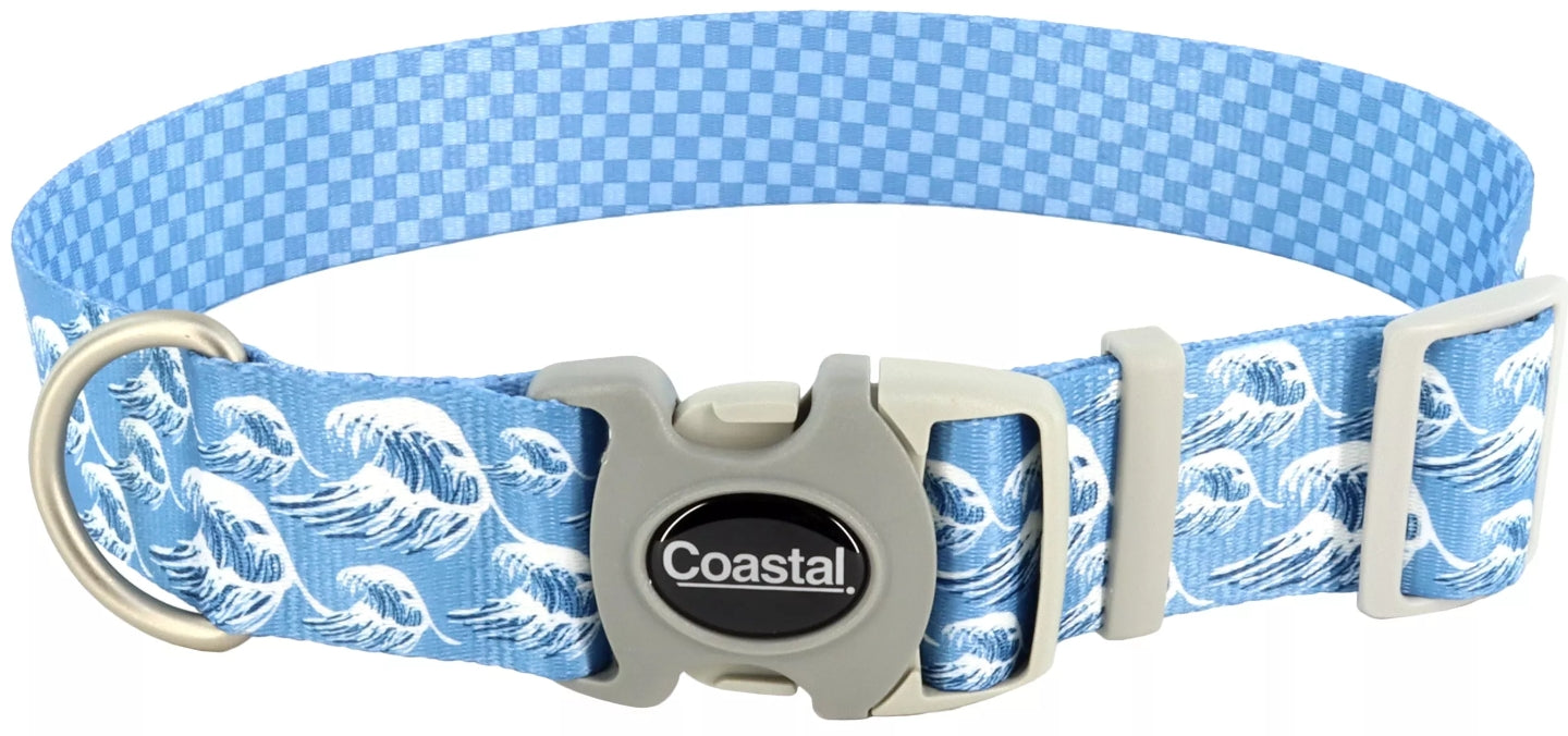 Coastal Pet Sublime Adjustable Dog Collar - Adjustable Plastic Buckle - Vibrant & Colorful Dog Collar With Fade-Resistant Patterns - Blue Waves With Blue Checkers, Large - 1 1/2' X 18'-26'