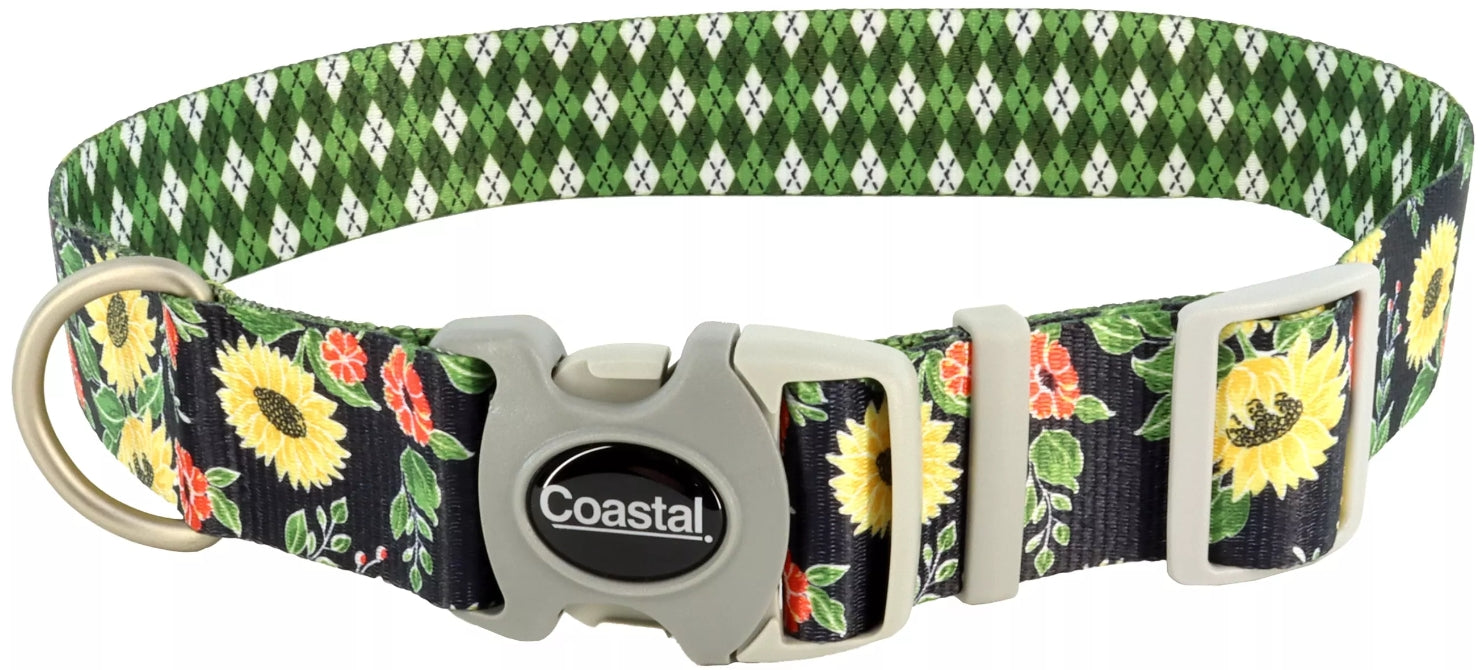 Coastal Pet Sublime Adjustable Dog Collar - Adjustable Plastic Buckle - Vibrant & Colorful Dog Collar With Fade-Resistant Patterns - Sunflower With Green Argyle, Medium - 1' X 12'-18'