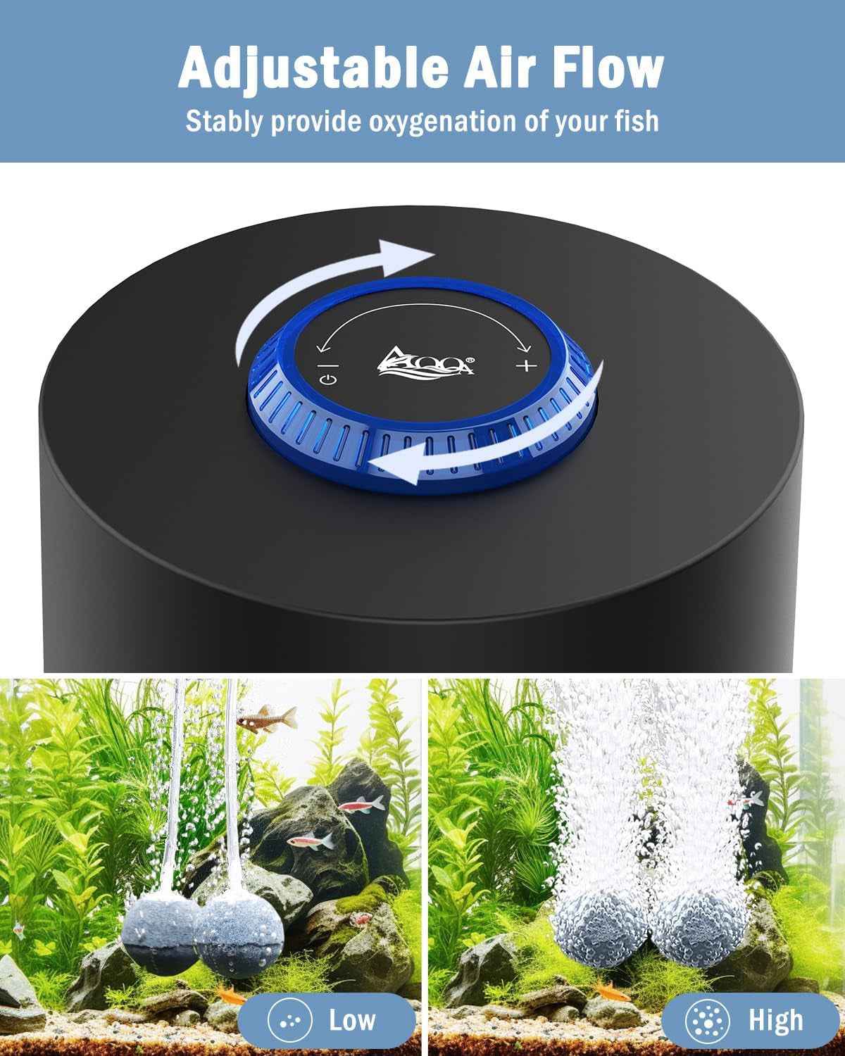 Quiet Aquarium Air Pump Dual Outlet Adjustable 80-200 Gallon, 3W