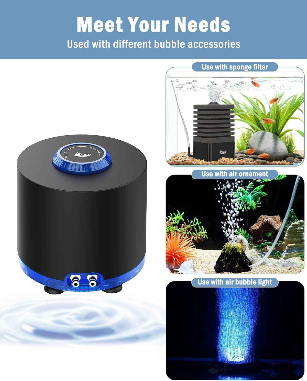 Quiet Aquarium Air Pump Dual Outlet Adjustable 80-200 Gallon, 3W