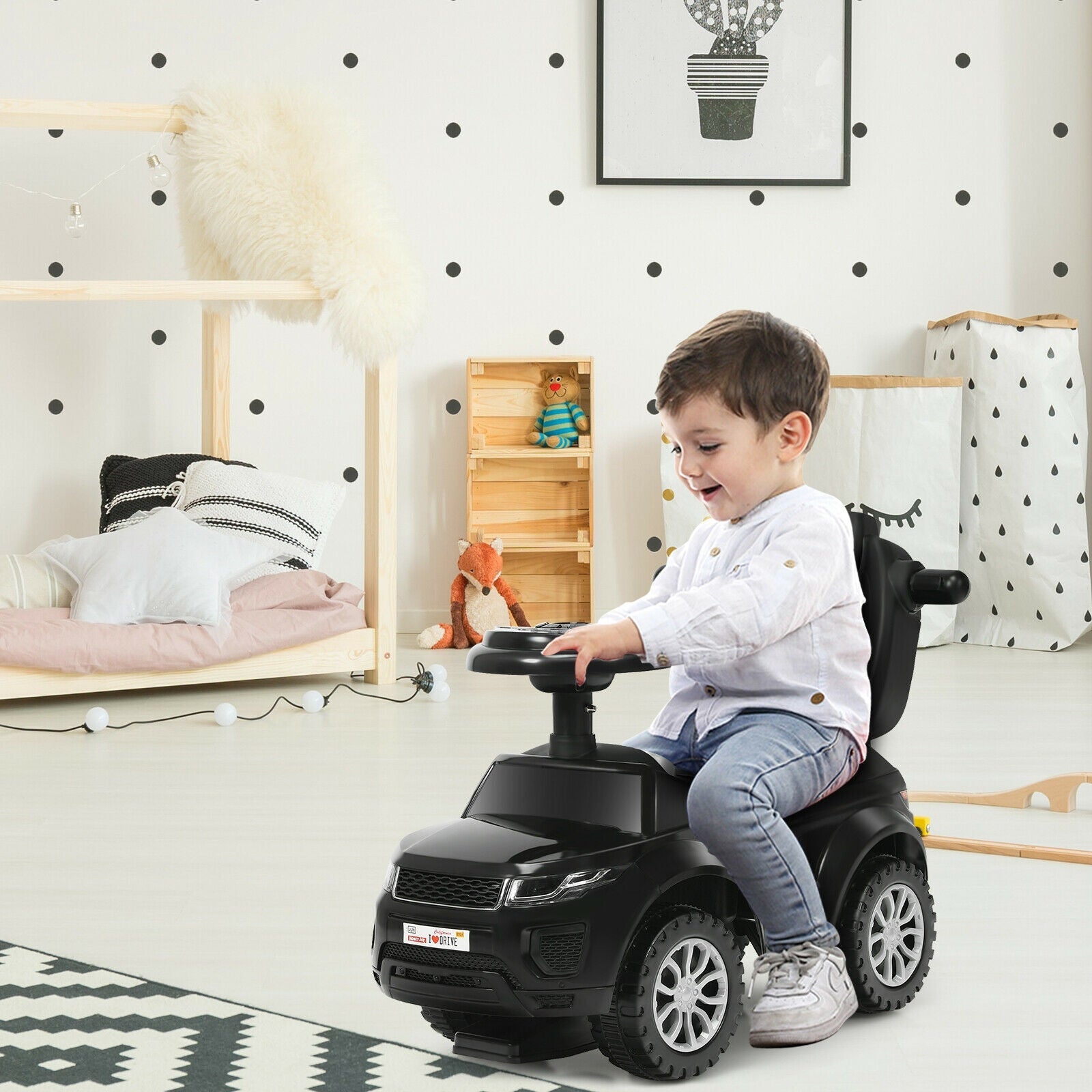 3 in 1 Ride on Push Car Toddler Stroller Sliding Car with Music-Black