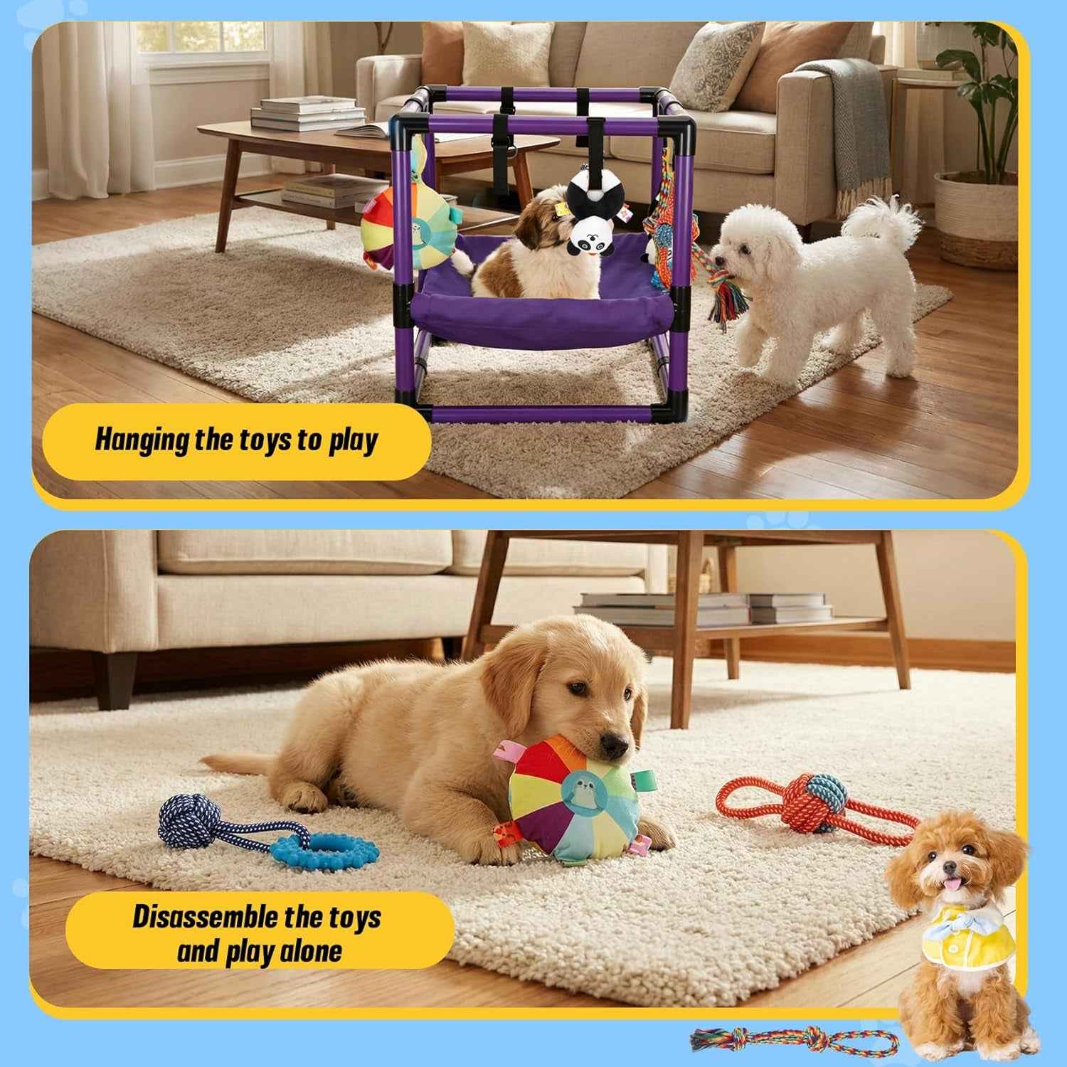 Indoor Puppy Play Gym with Hammock 8 Toys Dog Enrichment Activity Center