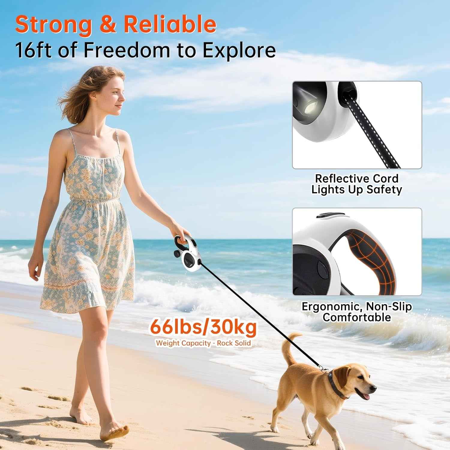 Retractable Dog Leash 16FT LED Light Heavy Duty Tangle Free
