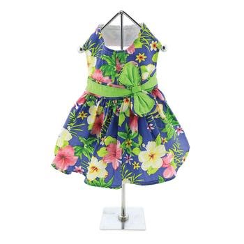Blue Lagoon Hawaiian Hibiscus Dog Dress With Matching Leash (Large)