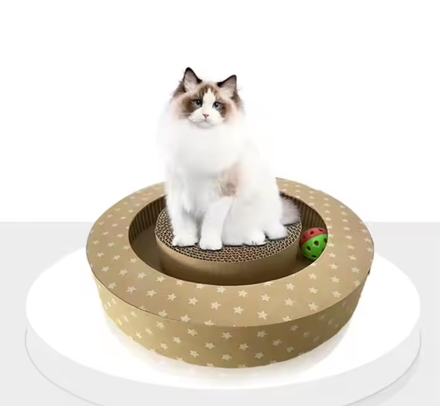 Bohobark Interactive Cat Scratcher Toy With Ball Track  Round Cardboard Scratching Pad With Rolling Balls For Indoor Cats  Dur