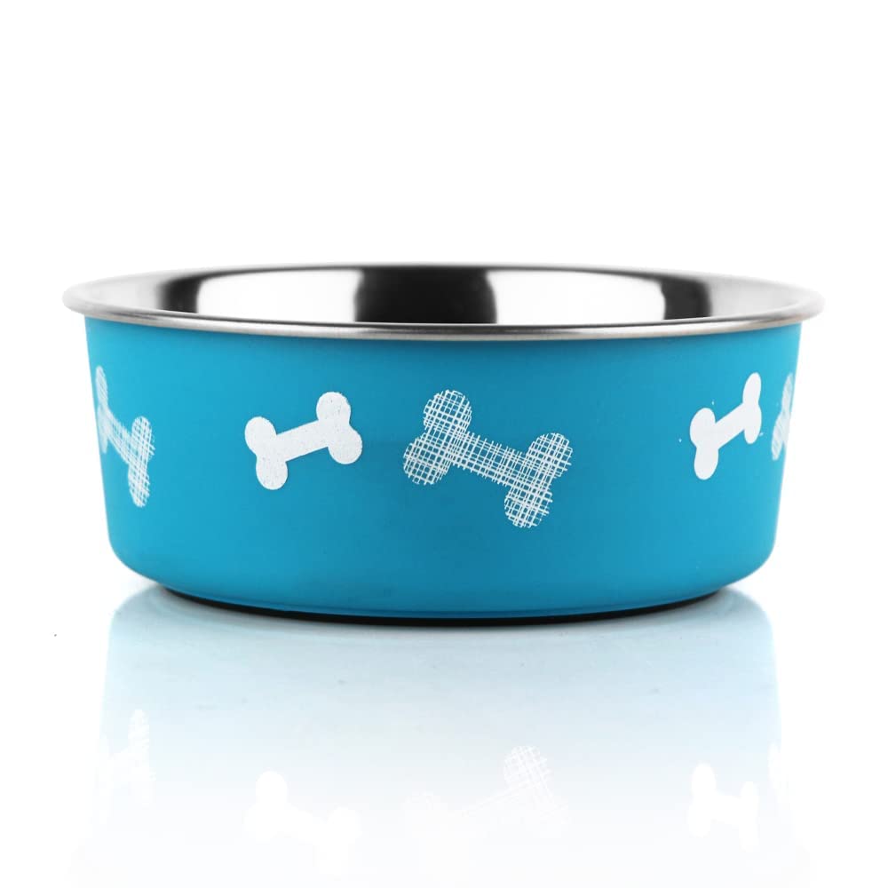 Pawpourri Printed Teal Blue AntiSkid Stainless Steel Water And Food Feeding Bowl For Small Dogs, Puppies, Cats |Stainless Steel