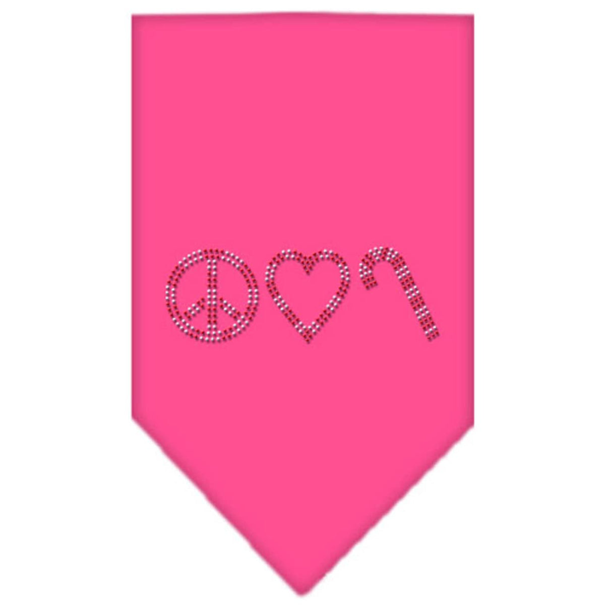 Christmas Pet and Dog Bandana Rhinestone, &quot;Peace, Love & Candy Canes&quot; Bright Pink Large