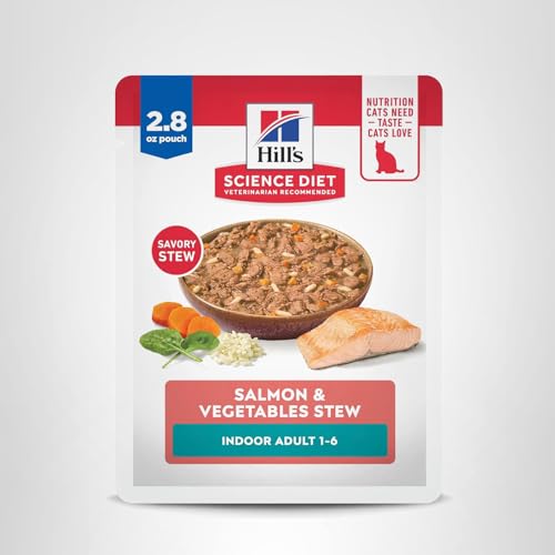 Hills Science Diet Indoor, Adult 1-6, Easy Litter Box Cleanup, Wet Cat Food, Salmon & Vegetables Stew, 2.8 oz Pouch, Case of 24