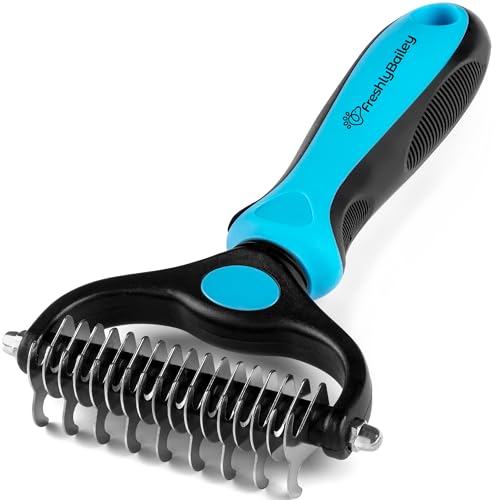 Freshly Bailey Double-Sided Dog & Cat Dematting Brush - Safe Detangler Rake for Matted Fur, Blue & Black, 6.88 x 3.9 Inch