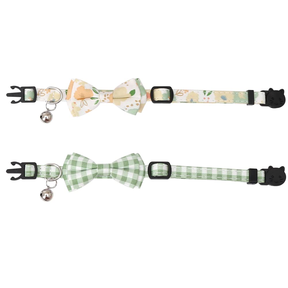 2 Pack/Set Cat Collar Breakaway With Cute Bow Tie And Bell Plaid Flower For Kitty Adjustable Safety