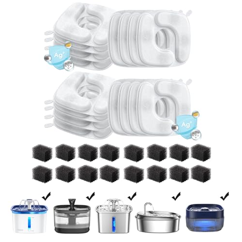 Veken Cat Water Fountain Filters, 16 Pack Replacement Filters & Sponges, 5-Stage Filtration for 50oz, 84oz, 95oz Fountains, White/Black