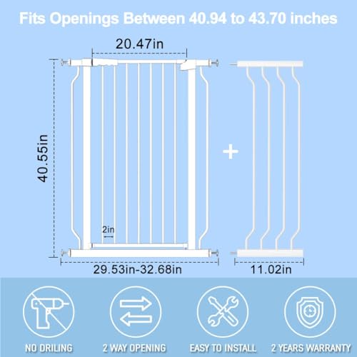 WAOWAO Extra Tall 40.55'' Baby Gate 29.92-63.38'' Wide Pressure Mounted Walk Through Swing Auto Close Safety White Metal Toddler