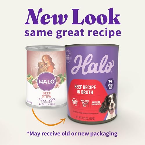 Halo Wet Dog Food Whole Beef Stew Recipe, Healthy Grains Real Meat Canned Dog Food, Meal or Topper, 13.2 Oz Can (Pack of 6)