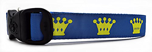 3 Dirty Dawgz Adjustable 1' Royal Regal Princess Prince Crown Dog Collars For Medium Large And X-Large Dogs (Medium 1' (14'-22' Neck), Yellow & Blue)