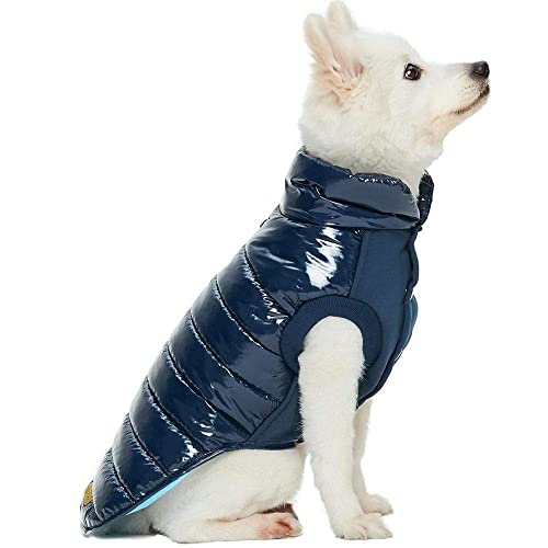 Blueberry Pet Cozy & Comfy Windproof Lightweight Quilted Fall Winter Glossy Dog Puffer Jacket In Navy Blue, Back Length 17', Size 16, Warm Coat For Large Dogs