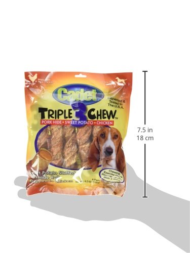 Cadet Gourmet Triple Chews Dog Treats - Long-Lasting Pork Hide Sticks with Sweet Potato & Chicken, 6.3 oz, Healthy for Small & Large Dogs