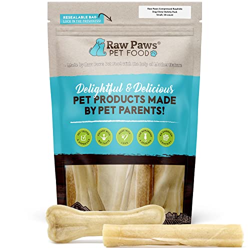 Raw Paws Compressed Rawhide Dog Chew Variety Pack, 10 Pack - 5 Compressed Rawhide Sticks & 4 Bones, Aggressive Chewers Pressed R