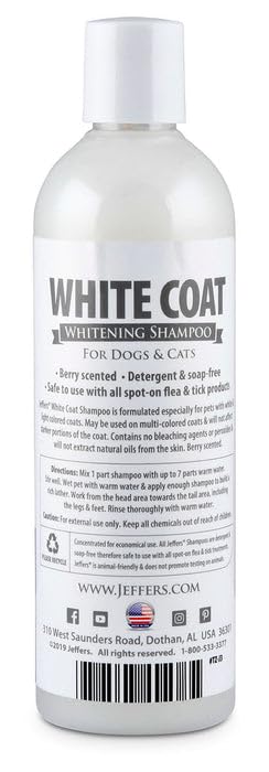 Jeffers White Coat Pet Shampoo For Dogs, Cats, & Small Animals, 17 Oz - Soap Free, Concentrated Formula For White & Light Coats,