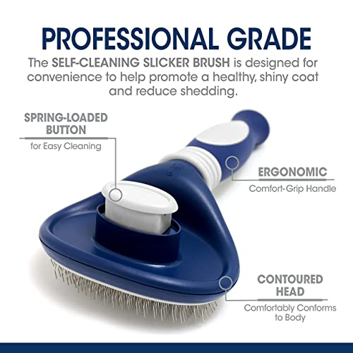 Four Paws Slicker Brush, Professional Series Grooming Brush For Dogs & Cats, Self-Cleaning, Reduces Shedding, All Coat Types, Blue & Grey