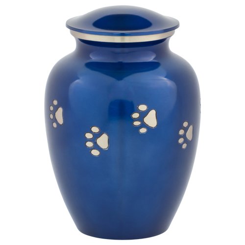 Blue With Silver Paw Prints Large Pet Cremation Urn For Ashes, Brass, Blue Pet Urn, Dog Urn, Cat Urn, Large Sized Pet Urn, 7 Inc